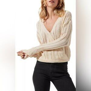 ASTR wrap front sweater pointelle v-neck long sleeve cream size m style at15838c
